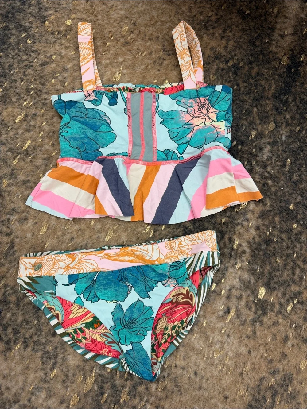 Matilda Jane Girls Floral & Stripe Two-Piece Swim Set in Teal and Pink | size 8